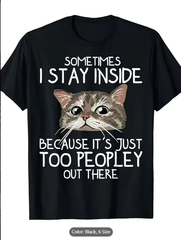 Women's Unisex Basics Cat Design T-Shirt - Short Sleeve Tops, Loose-Fit, Pure Cotton, Round Neck, Suitable for Indoor Wear (Ideal for Those Avoiding Crowds)