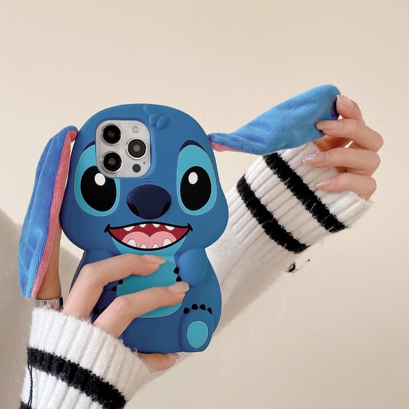 Disney 3D Stitch Plush Ears Phone Case with Carrying Handle for Kids Cute Character Design Protective Cover Soft Plush Material Easy to Use