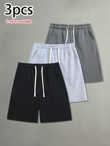 Pack of 3 summer men’s casual shorts featuring a drawstring elastic waistband, skin-friendly and breathable fabric; loose fit suitable for everyday wear, leisure activities, sports, and fitness.summervibes