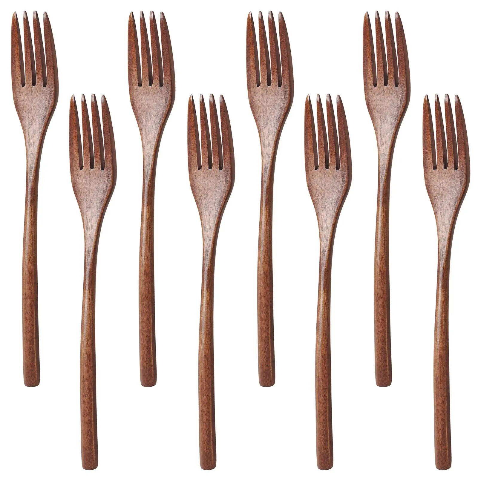 Sturdy Reusable Long Handle Wooden Fork Set, 8-Pcs Kitchen Cutlery & Tableware
