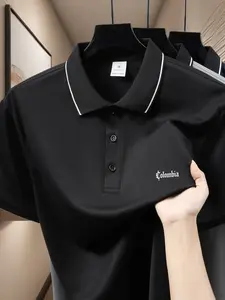 Men's Summer Colombia Letter Print Short Sleeve Polo Shirt, Casual Breathable Quick Dry Birdseye Fabric, Daily Wear Commuter Top