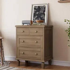 30" Tall Vintage 4 Drawer Wood Dresser with Carved Handles & Tapered Legs for Bedroom