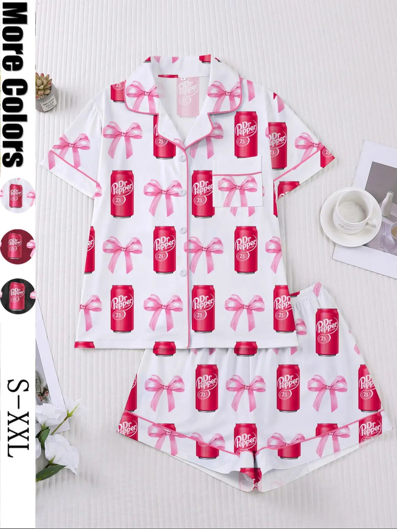 Women's 2-Piece Short Sleeve Sleepwear Loungewear Homewear Pajama Set, Pyjamas, Soda Print, Soft Fabric, Elegant Casual, Comfortable Lapel Top & Wide Leg Shorts