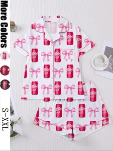 Women's 2-Piece Short Sleeve Sleepwear Loungewear Set, Soda Print, Soft Fabric, Elegant Casual, Comfortable Lapel Top & Wide Leg Shorts