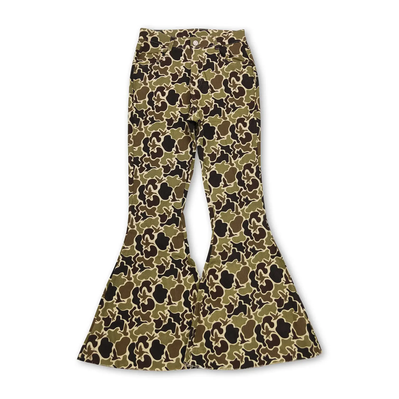 Women's Duck Camo Print Bell Bottom Jeans, Stretchy Flare Leg Denim Pants with a Comfortable Trendy Fit, Lady
