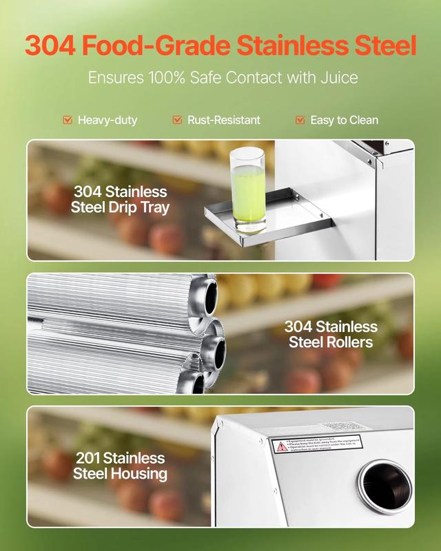 VEVOR Commercial Sugar Cane Juicer, TikTokShopBlackFriday, 800W Electric Sugarcane Juicer Machine with 661LBS/H High Output, 3 Stainless Steel Rollers, Sugar Cane Press Juice Extractor Squeezer on Wheels for Home/Commercial