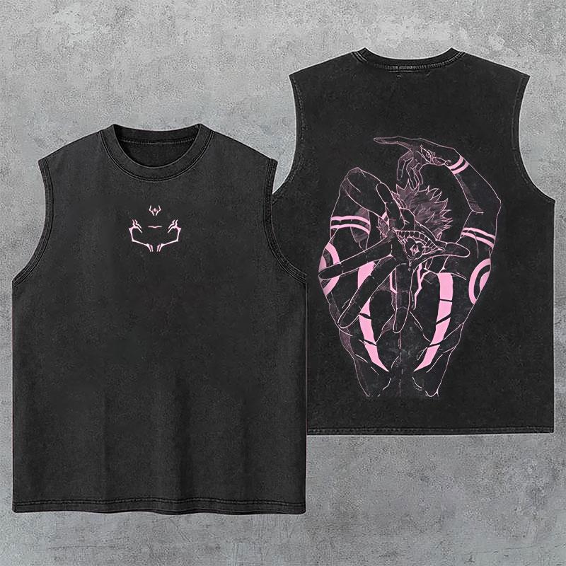 Ryomen Sukuna Pink JJK Jujutsu Kaisen Anime Manga Washed Tank Top, Gym Essential, Vintage Casual Crewneck Short Sleeves Menswear T-shirts Classic Cotton Fabric Streetwear