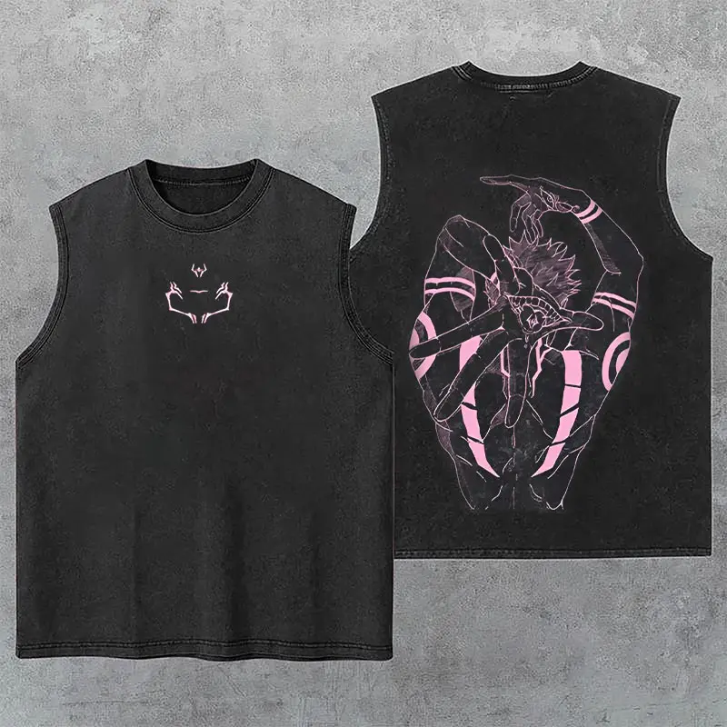 Ryomen Sukuna Pink JJK Jujutsu Kaisen Anime Manga Washed Tank Top, Gym Essential, Vintage Casual Crewneck Short Sleeves Menswear T-shirts Classic Cotton Fabric Streetwear