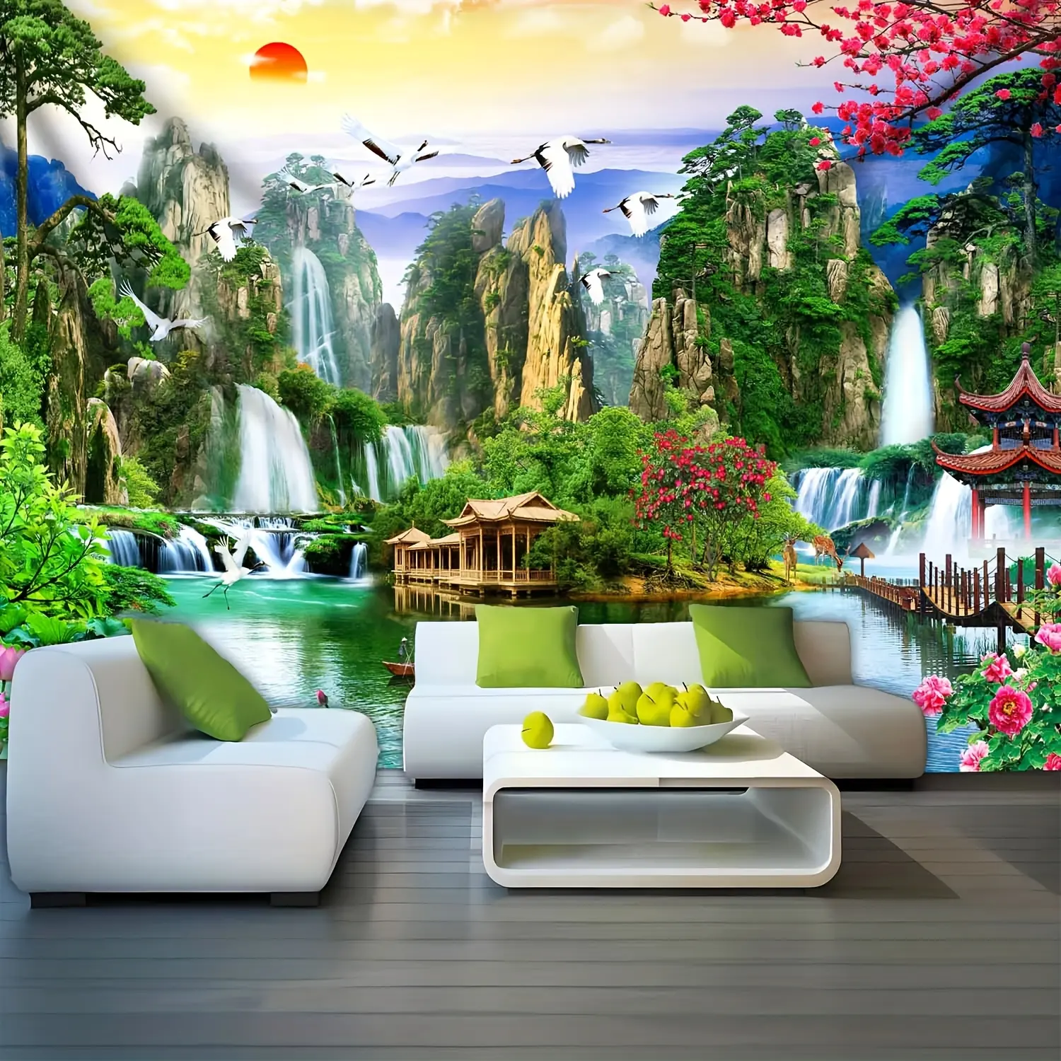 60in x 40in 1pc Large Scenic Waterfall Landscape Wall Tapestry - Vibrant Nature Scene with Waterfalls, Pagoda & Cherry Blossoms, Polyester Fabric, Perfect for Living Room or Dorm Decor, Includes Installation Kit, Waterfall Decor summerwins