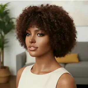 Chocolate Color Wig Glueless Wigs Human Hair Short Afro Kinky Curly Wigs For Women Human Hair Put on & go Soft and Fluffy Glueless Wigs 70s 80s Hair Kinky Curly Wig Cosplay or Daily Use Wigs 180% Density Work Wig