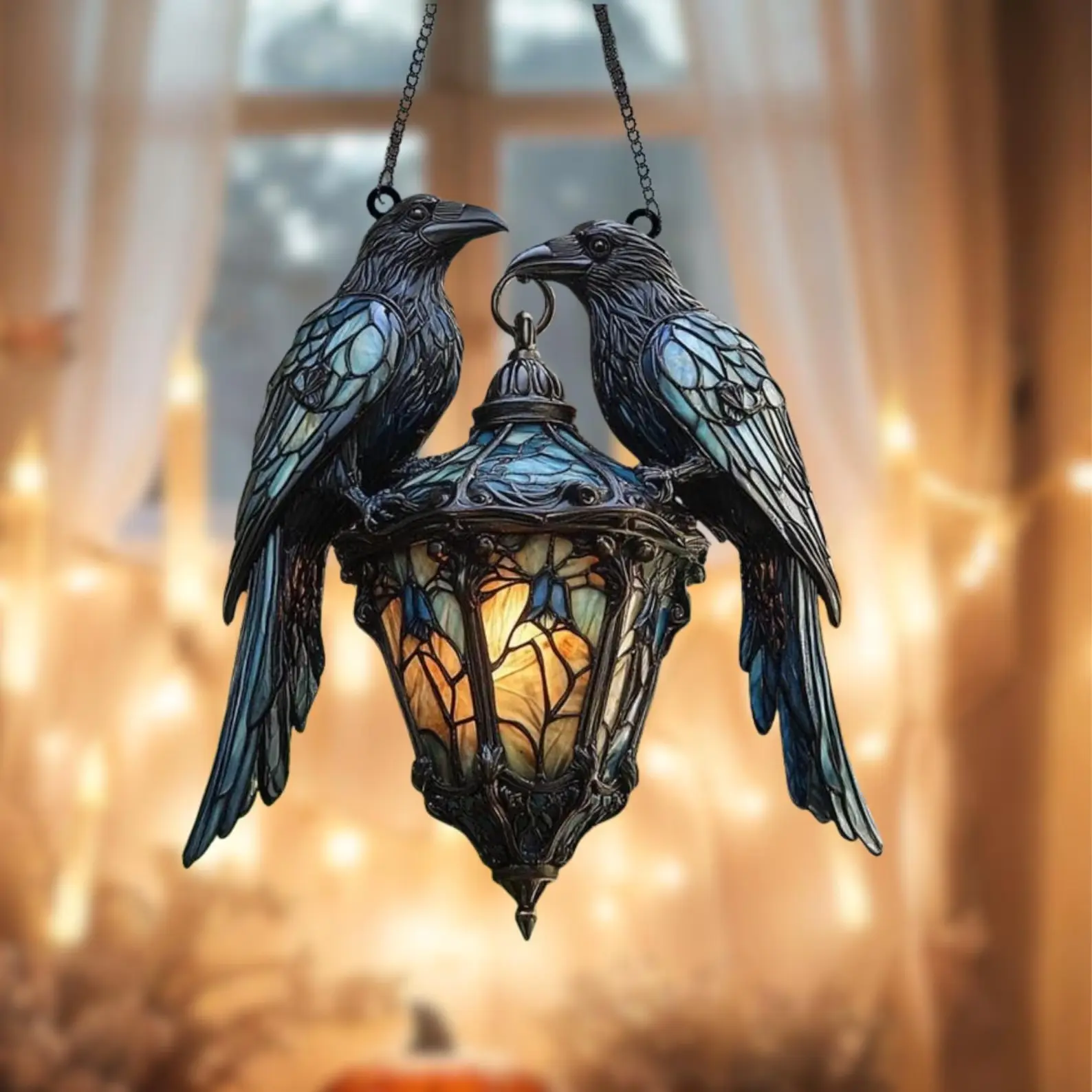 Gothic Raven Stained Glass Suncatcher Hanging Crow Window Panel Ornament Handcrafted Acrylic Tiffany-Style Mystical Light Catcher Perfect Halloween Witchy Room Decor Gift