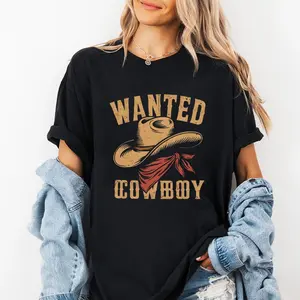Women's Vintage Wanted Cowboy Graphic Round Neck Tee Casual Short Sleeve T-shirt for Summer Daily Wear Unisex Cotton T Shirt