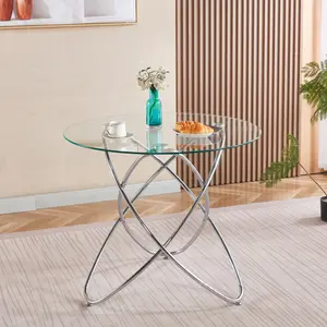 [Fahuac] 35.4x35.4x29.1in Dining Table - Tempered Glass Top, Chrome Metal Legs, for Living Room.