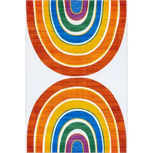 Classic Double Rainbow Machine Washable Kids Area Rug