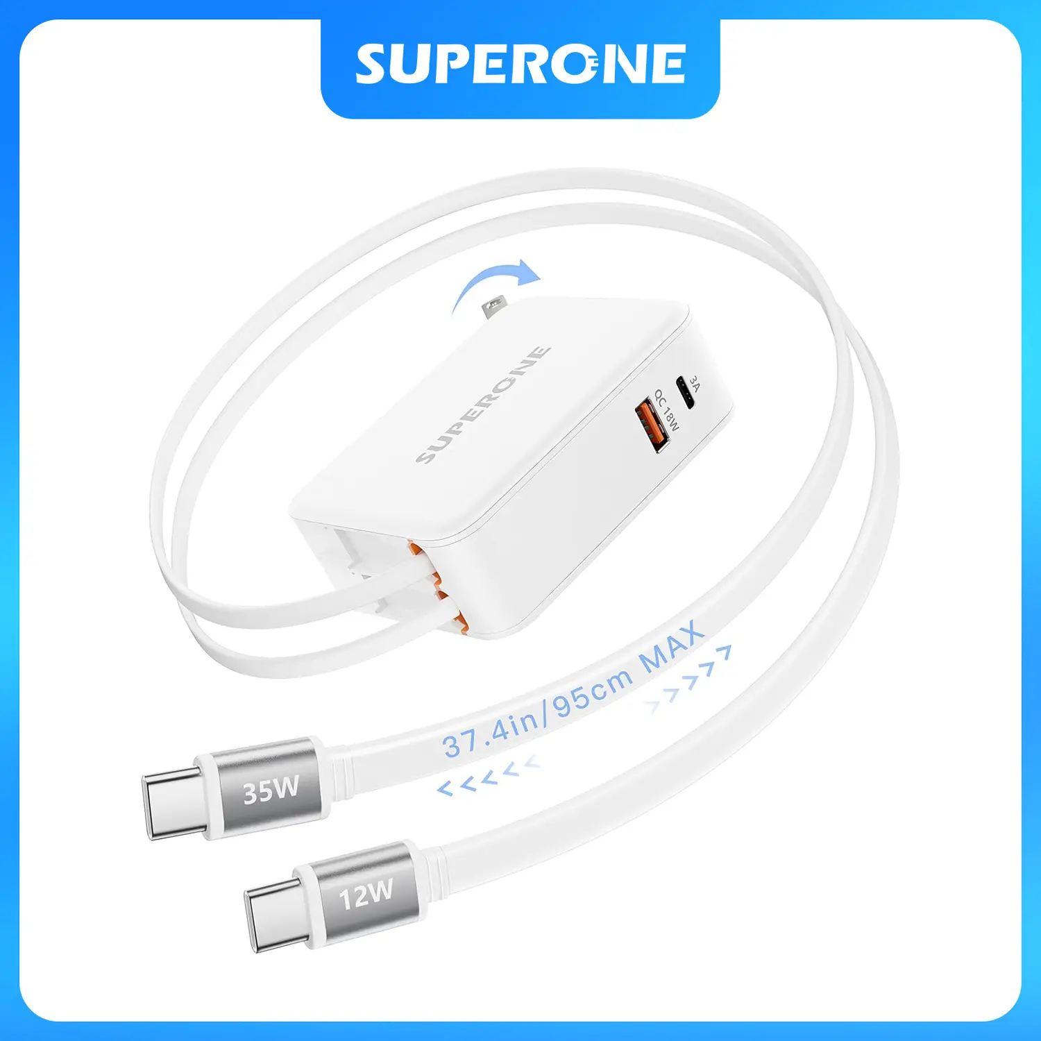 SUPERONE 4-in-1 Fast Charging 80W Durable Retractable Wall Charger with Foldable Plug, Dual Cords, 35W USB-C Port for iPhones, Samsung Smartphones & Mobile Devices - Bedside, iPhone, Dual Charging Options, Chargers, Iphone Charger