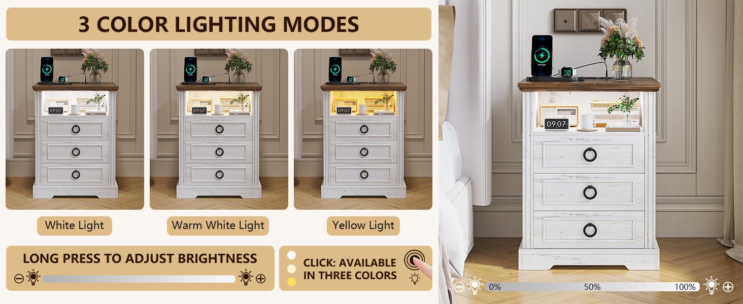 Lvifur Nightstand with Charging Station,Farmhouse End Side Table with 3 Drawers and Open Storage,Smart Bedside Table with LED Light & Human Sensor for Bedroom,