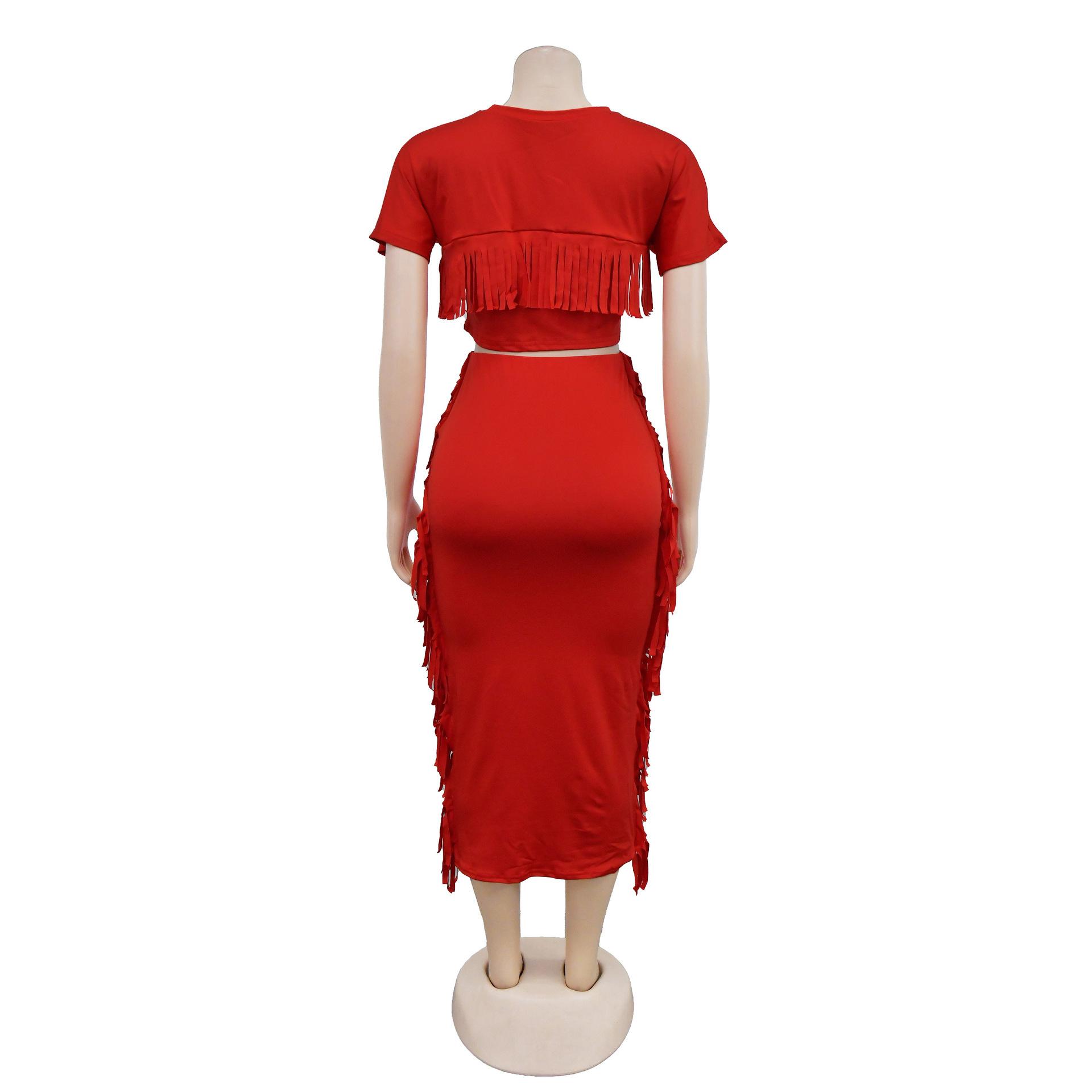 FashionableStyle Solid Color Fringe Round Neck Short Sleeve Long Dress Two-Piece Set