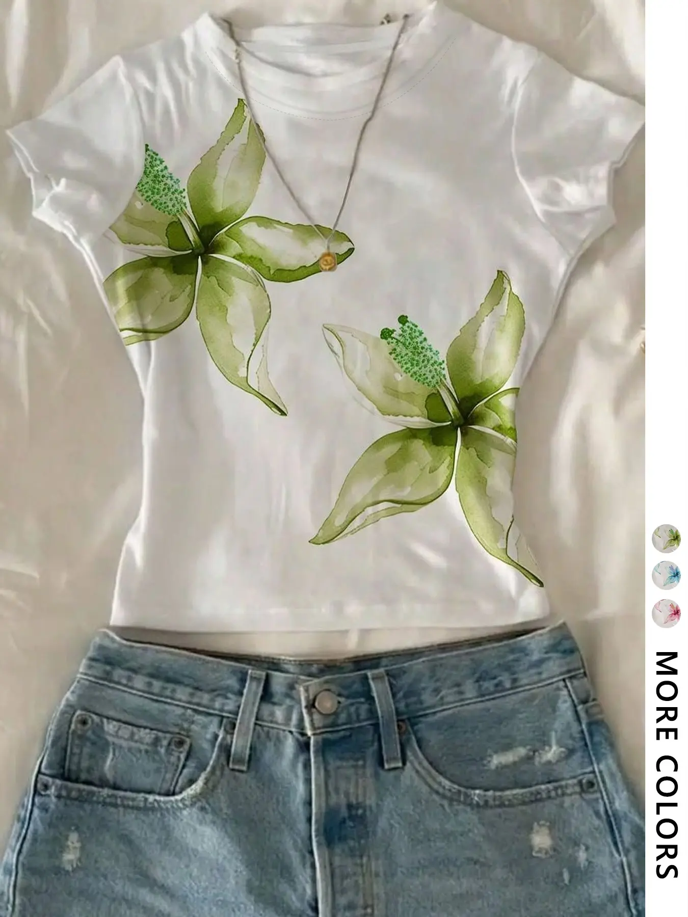 Watercolor Floral Crop Top, Y2K Tee, Summer Casual Slim Fit T-Shirt, Aesthetic Flower Print Short Sleeve Top, Trendy TikTok Viral Streetwear, More Colors Available，tiktokshopholidayhau