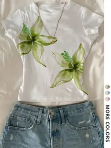 Watercolor Floral Crop Top, Y2K Tee, Summer Casual Slim Fit T-Shirt, Aesthetic Flower Print Short Sleeve Top, Trendy TikTok Viral Streetwear, More Colors Available，tiktokshopholidayhau
