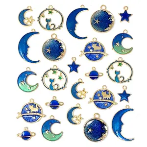 Gold Plated Enamel Cat Moon Star Celestial Charm Pendant for DIY Earrings, Necklace, Bracelet