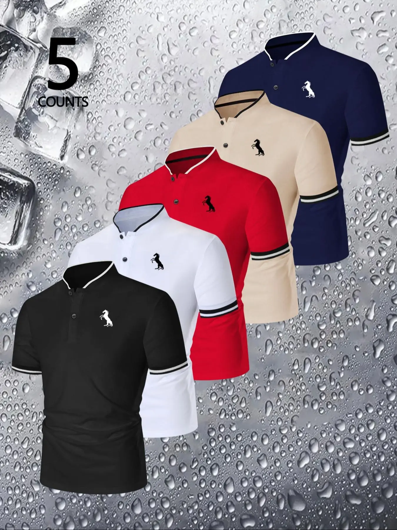5Pcs Men's Henley Stand Collar Horse Print Polo Shirts, Striped Cuff Breathable Cool Solid Short Sleeve Tops, Versatile T-Shirts for Office Commute, Business Casual, Outdoor Travel, Loungewear and Vacation Gathering, Breathable Summer Polos