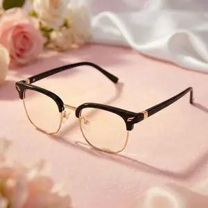 Vintage Half Frame Fashion Eyeglasses for Men & Women Classic Minimalist Design Trendy Glasses for Work Daily Wear Students Black Metal Browline Blue Ray Filter