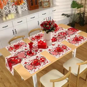 2D flat printing, 5/7-piece Valentine's Day table flag and placemat set, red heart heart decoration for farmhouse dining table decoration, suitable for kitchen and dining rooms, indoor and outdoor dinner parties