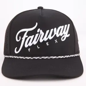 Fairway Flex Black Performance Golf Hat with Custom Embroidery and Rope Finish