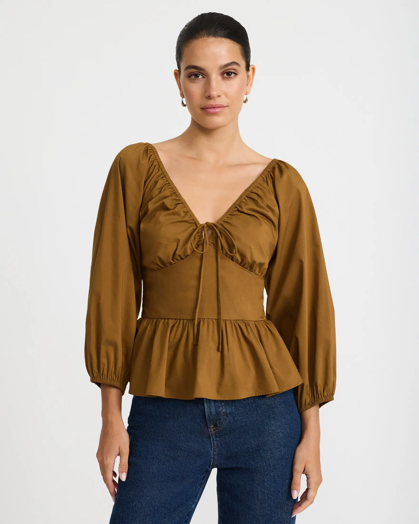 Express Stretch Cotton Poplin Tie Front Balloon Sleeve Peplum Top