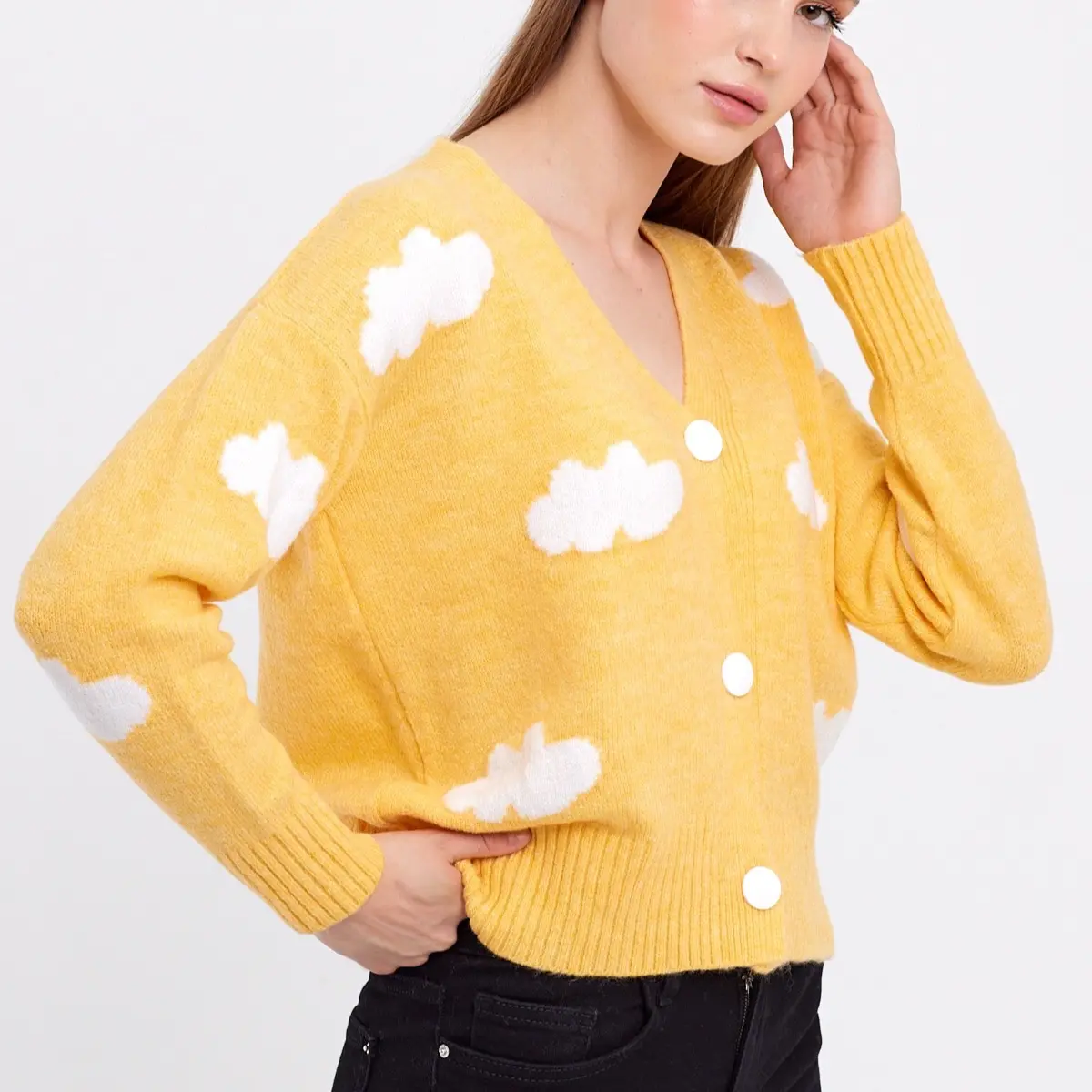 Cloud Printed Cute Cropped Cardigan Soft Cloud Knit Cardigan White Wool Oversized Fit for Autumn