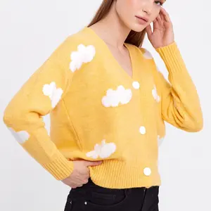 Cloud Printed Cute Cropped Cardigan Soft Cloud Knit Cardigan White Wool Oversized Fit for Autumn