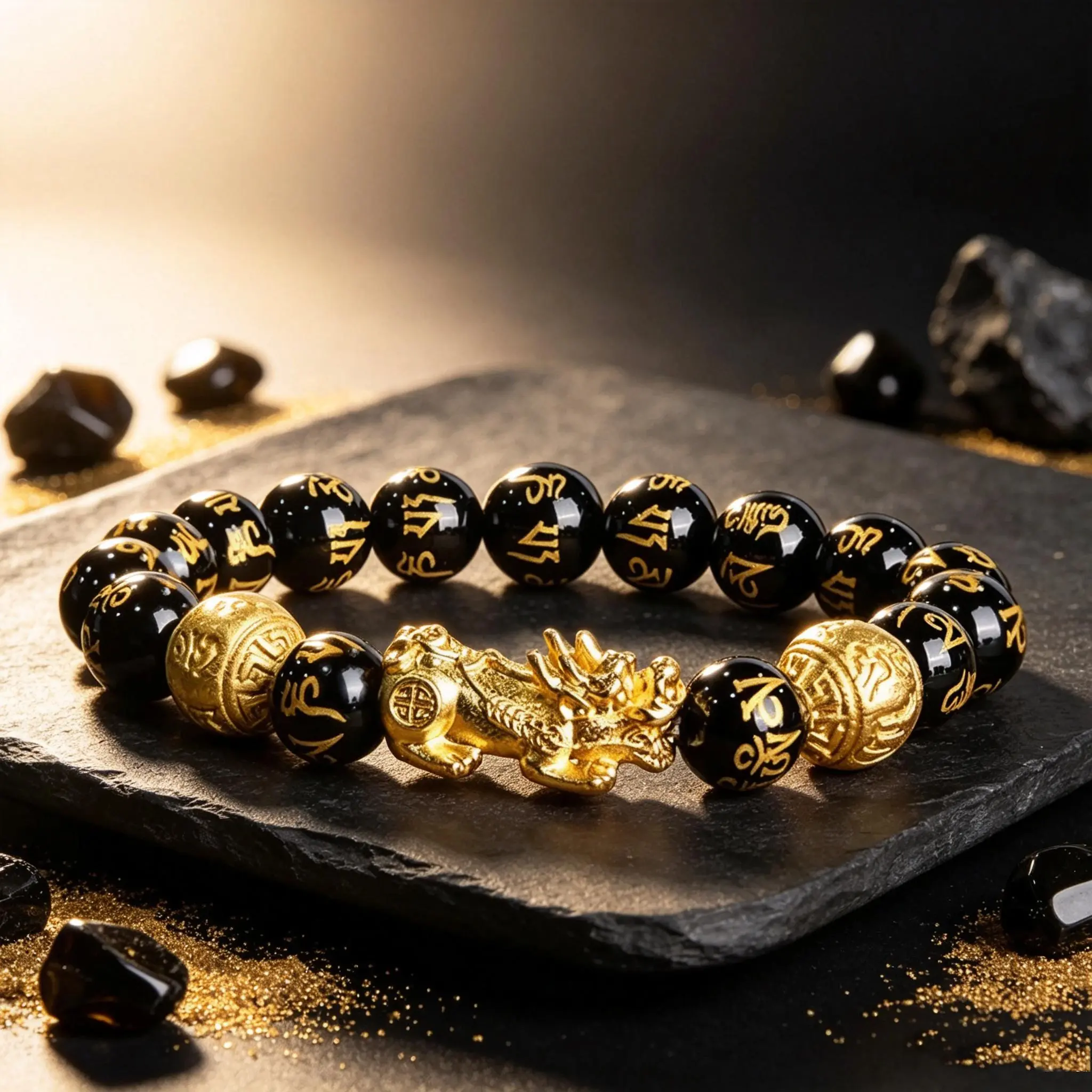 Ember Stone FengShui PiXiu Obsidian Bangle Bracelet - Natural Gemstone, Adjustable, Inspirational Beaded, Pretty Jewelry for Women (Obsidian Material), Bangle Bracelets