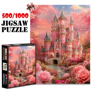 1pc 1000 piece adult puzzle 70x50cm Pink Fairytale Castle with Butterflies and Roses 500 pieces of paper jigsaw puzzle, suitable for adults and families, large-scale DIY puzzle interactive toy games