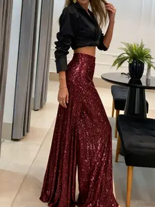 A women's wide-leg version is loose, Flowy and elegant and inclusive with a good waist elastic design sequin wide-leg trousers, suitable for autumn and winter, suitable for dinner party style, fashionable red carpet style and other styles.