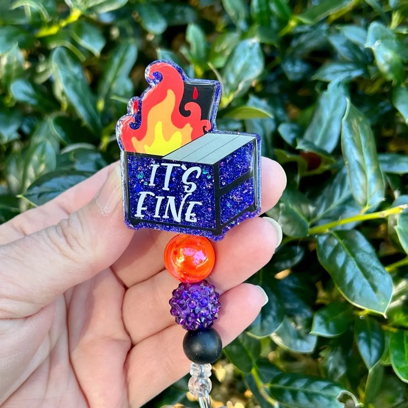 Dumpster Fire Badge Reel, It’s Fine ID Holder, Glitter Badge Clip, Nurse Graduation Gift, Funny Badge Reel for Nurses, Sassy Badge Holder