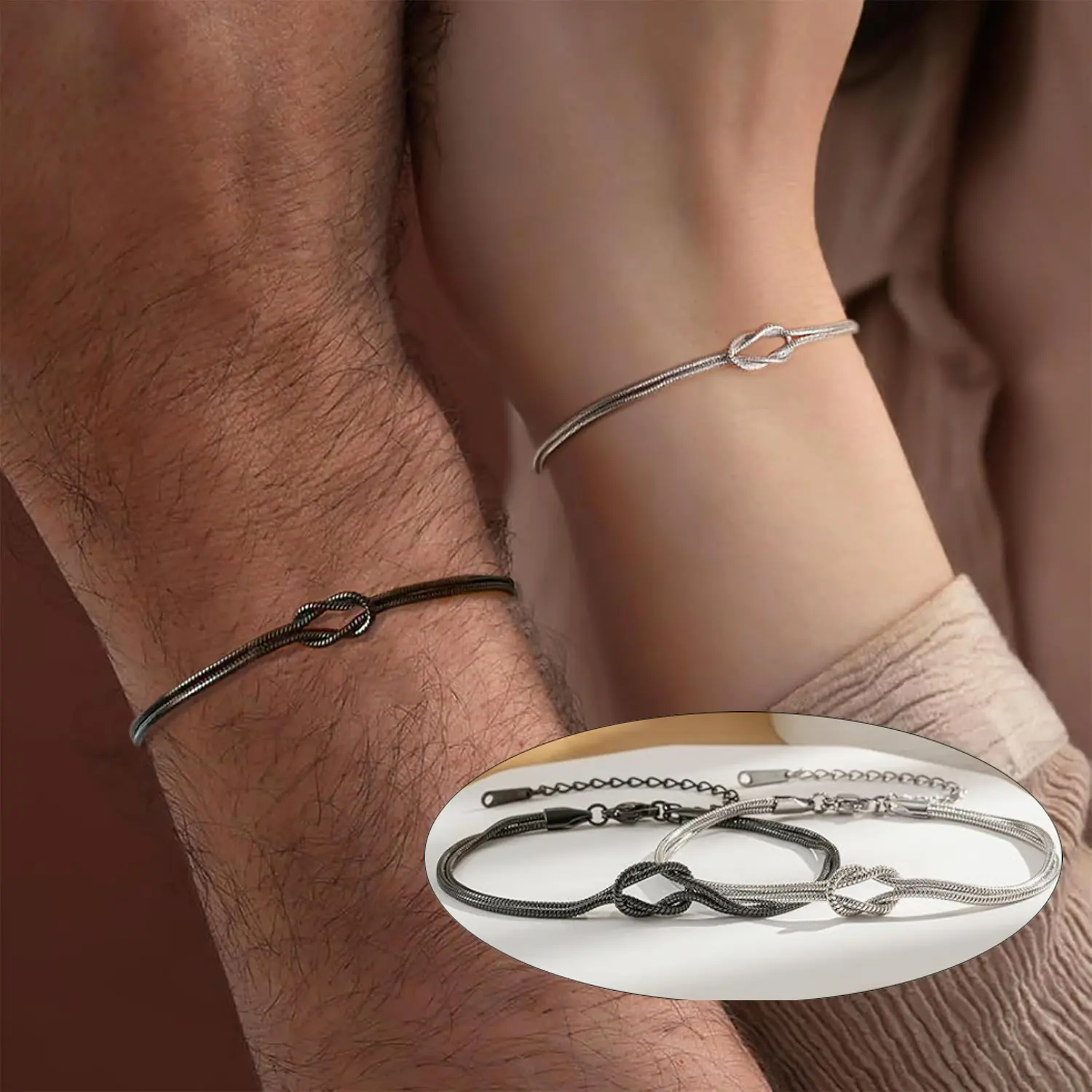 2pcs Black & Silver Matching Fashion Bracelets for Couples - Dainty Love Knot Jewelry, Valentines Day Gift for Lovers