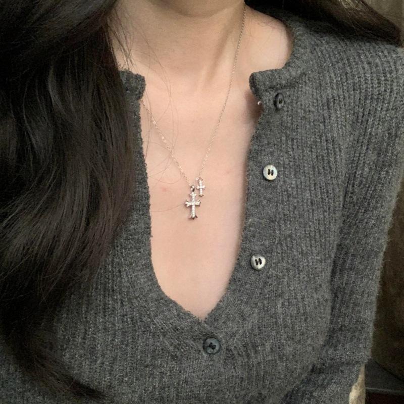 S925 Silver Double Cross Necklace Pave Zircon Pendant
