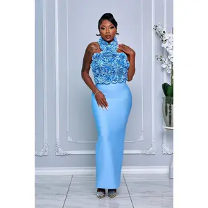 3D ROSETTE BODICE HALTER BANDAGE MAXI DRESS (BABY BLUE)