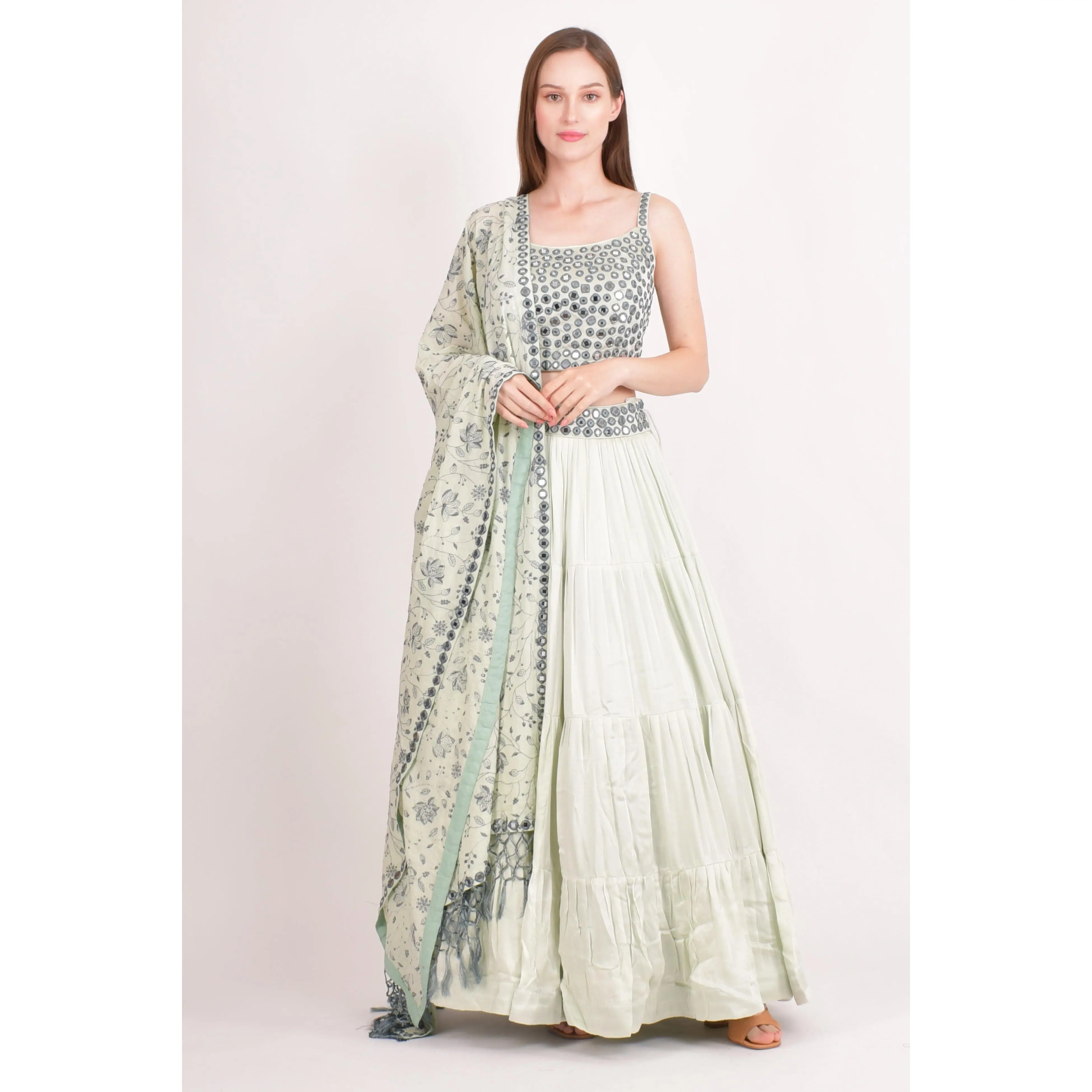 Silk Sage Green Mirror Work Tiered Lehenga Choli