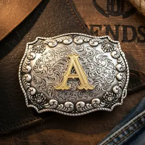 Vintage Style Western Cowboy Cowgirl Belt Buckle with Gold Plated Initial Letter