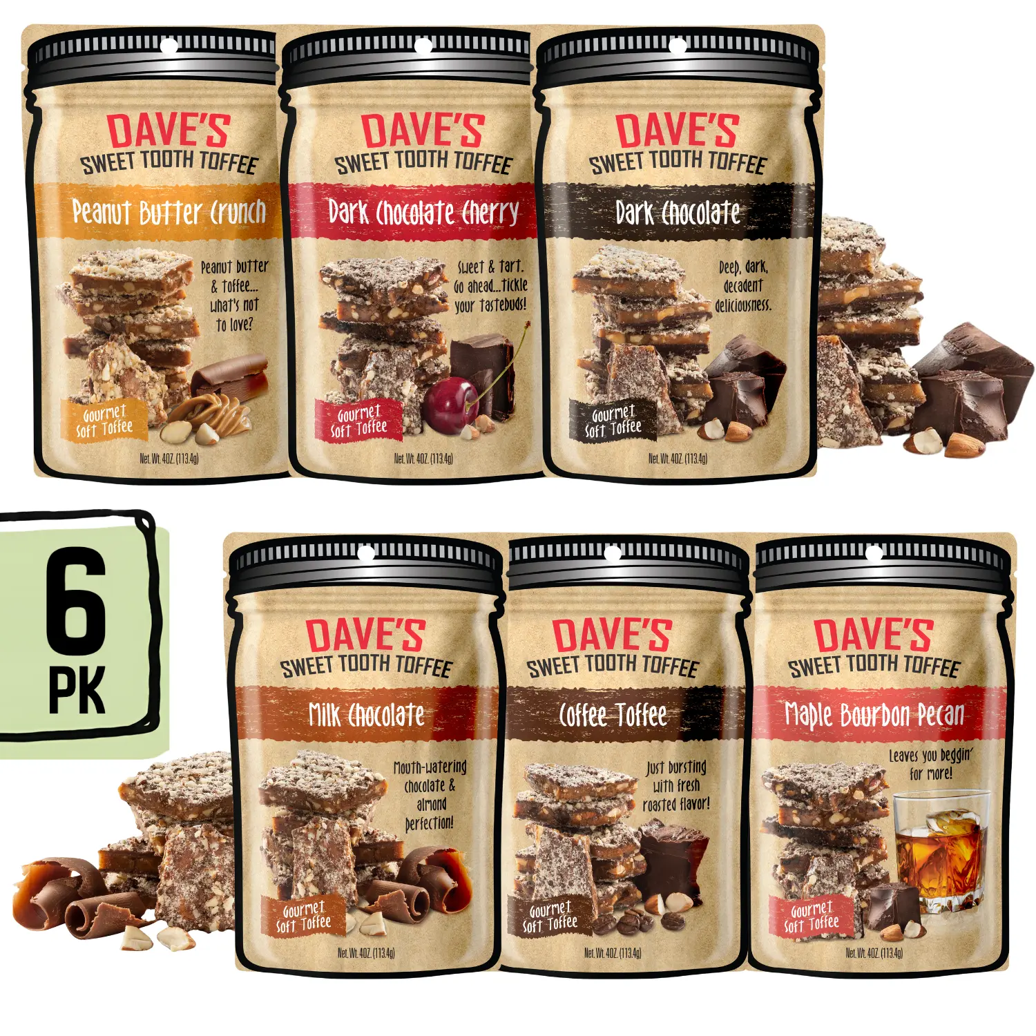 Dave's Sweet Tooth Classic Toffee Sampler Pack - Milk Chocolate Almond Toffee, Sweets & Snacks, Hand Crafted, 4oz Resealable Pouches