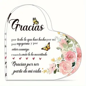 1pc Heart Acrylic Ornament - Thank You Gift in Spanish for Men/Women/Friends/Family - Rose Flower Desk Decor Signs