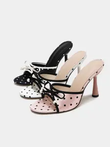 Y2K Style Satin Polka Dot High Heel Sandals, Open Toe Bow Pearl Decor, Perfect for Music Festivals, Parties, Dates