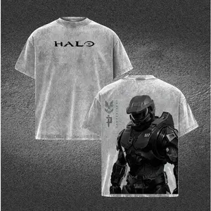 Halo Double Printed Oversize Lightweight Acid Washed Tee |   Master Chief Vintage Gaming Graphic T-Shirt for Men |   Casual Retro Streetwear Cotton Top Heavyweight Gamer Apparel Gift v1 Grunge Graphic Album T-Shirt book merch