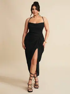 KymLuxe Plus Size Textured Split Thigh Formal Dress - Sexy Summer Wedding Guest Valentine Party Dress for Women