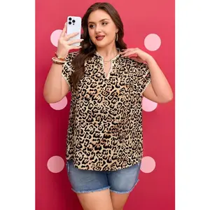 Plus Size Leopard Ruffle Short Sleeve Blouse