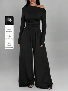 Women's Solid Color Knit Casual Asymmetrical Shoulder Long Sleeve Ruched Loose Fit Straight Leg Jumpsuit, Stylish, Chic and Comfortable