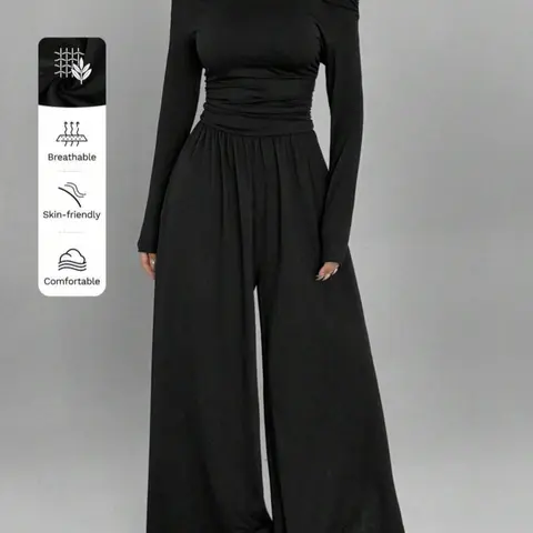 Women's Solid Color Knit Casual Asymmetrical Shoulder Long Sleeve Ruched Loose Fit Straight Leg Jumpsuit Jumpersuit, Stylish and Comfortable
