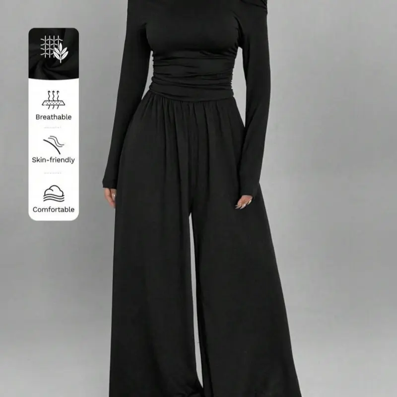 Women's Solid Color Knit Casual Asymmetrical Shoulder Long Sleeve Ruched Loose Fit Straight Leg Jumpsuit Jumpersuit, Stylish and Comfortable