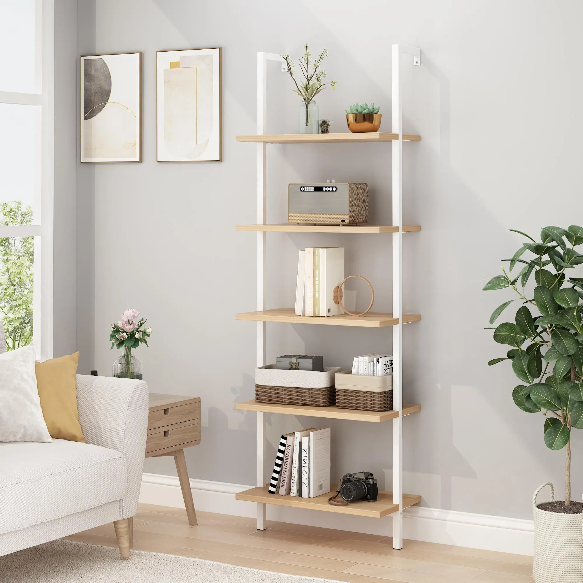 【Summervibes】Ubesgoo 5-Shelf Wood Ladder Bookcase with Metal Frame, Open Design Shelves for Living Room, Bedroom, Home, Office